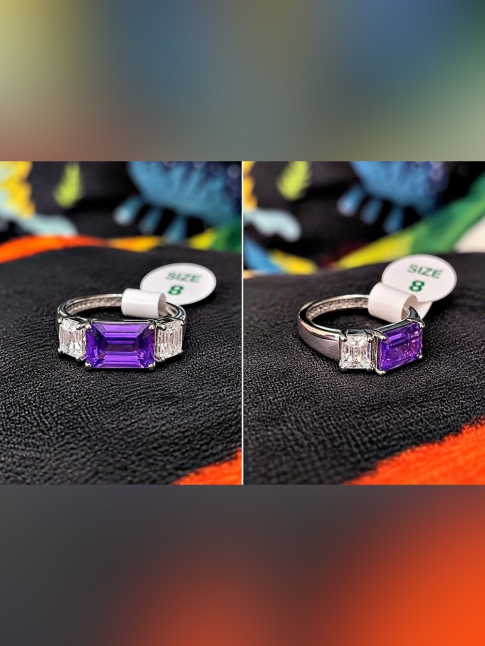New Bomb Party Amethyst and White Topaz 3-Stone Ring Size 8 Rhodium